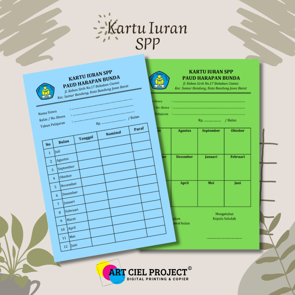 KARTU IURAN SPP KARTU IURAN KAS PAUD TPA SD MI SMP MTS CUSTOM