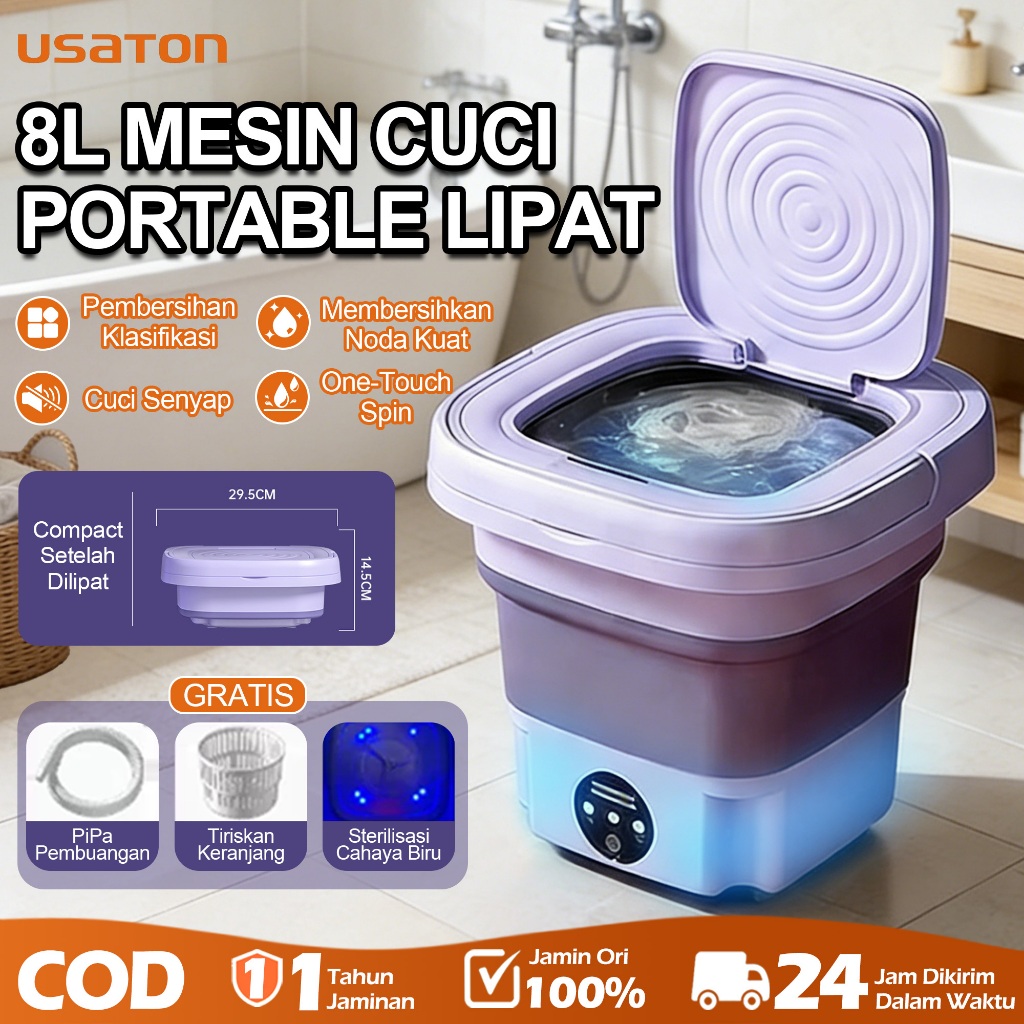 USATON Mesin Cuci 2 Tabung 8L/12L Mesin Cuci Portable Mesin Cuci mini Lipat dengan Sterilisasi Cahay