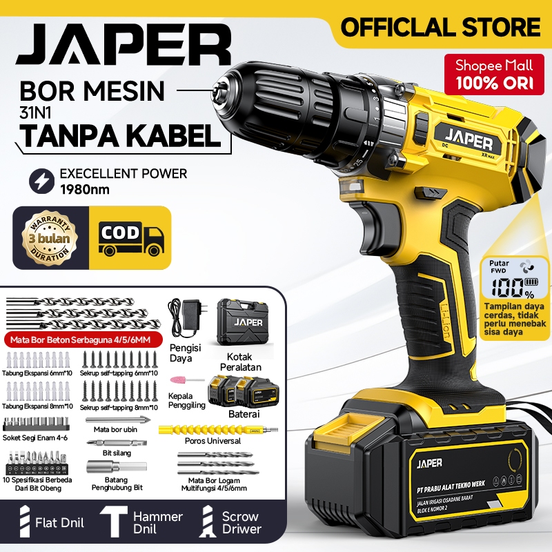 JAPER Mesin bor 4baterai bor listrik tangan baterai besi tembok Beton kayu - Cordless Drill bor cas 