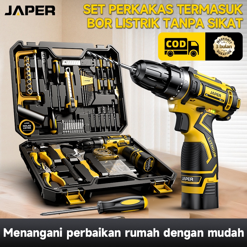 JAPER Kit Alat Bor Baterai Genggam Kit Alat Bor Listrik dengan Obeng, Tang, dan 2 Baterai