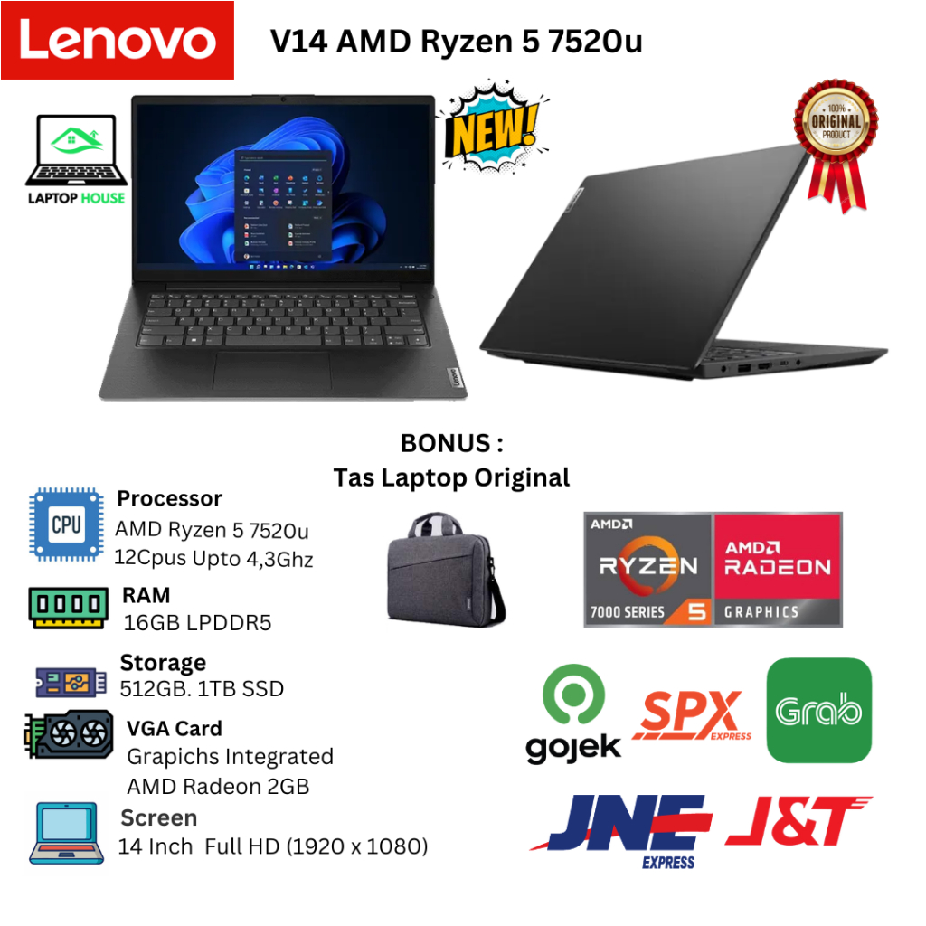 Laptop Baru Lenovo  V14 G4  AMD Ryzen 5 7520U 12 Cpus Up to 4.3 GHz