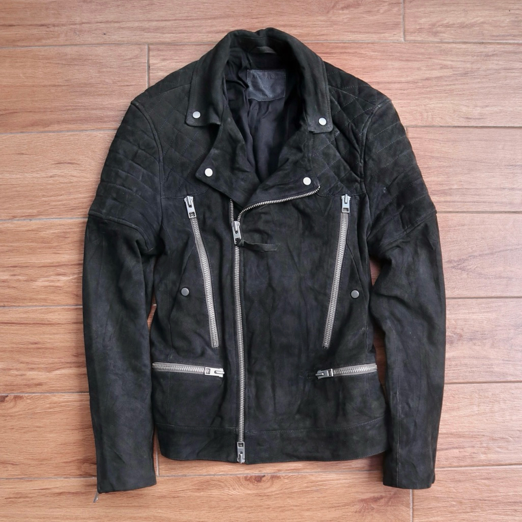 ALLSAINTS ukuran L jaket kulit suede sapi biker ramones rider jacket motor quilted racing genuine le