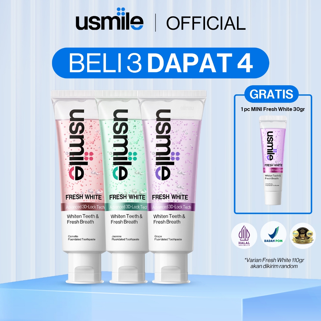 [BELI 3 DAPAT 4] usmile Pasta Gigi Fresh White 3x110gr (Mix Flavor) GRATIS Pasta Gigi Fresh White 30