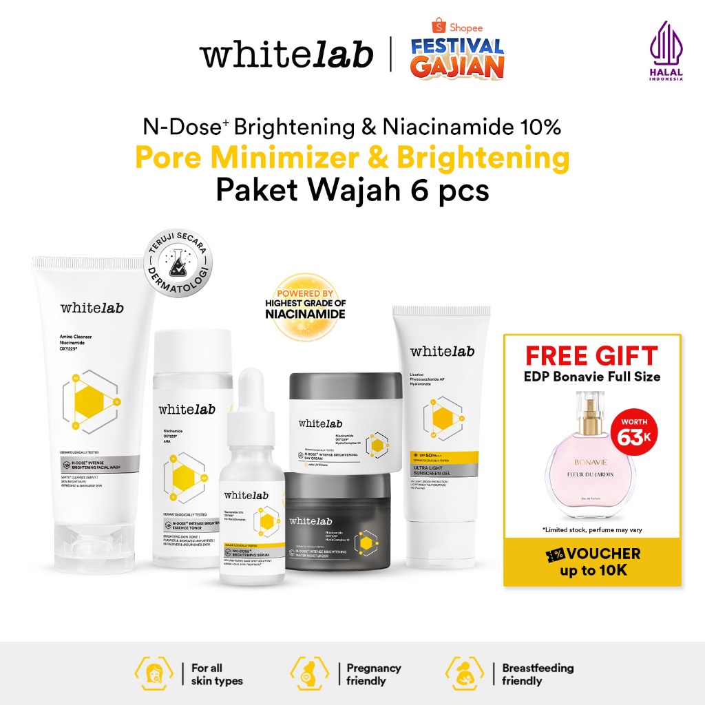 Whitelab Paket Wajah Brightening Niacinamide Facial Wash, Toner, Serum, Moisturizer, Sunscreen - 6 p