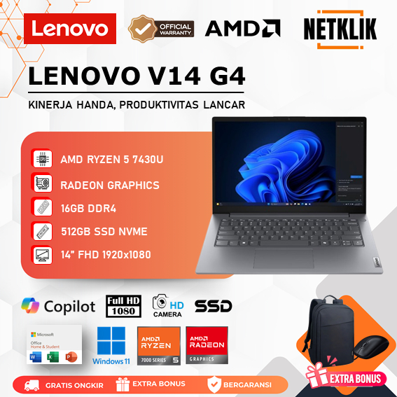 LENOVO V14 G4 - AMD Ryzen 5 7430U 16GB/512GB SSD Windows 11 OHS Garansi Resmi