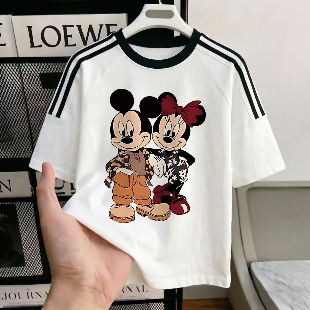 Misco Kemeja Garis Garis Wanita Lengan Pendek Kartun Lucu Mickey Minnie Mouse Motif Doodle Longgar T
