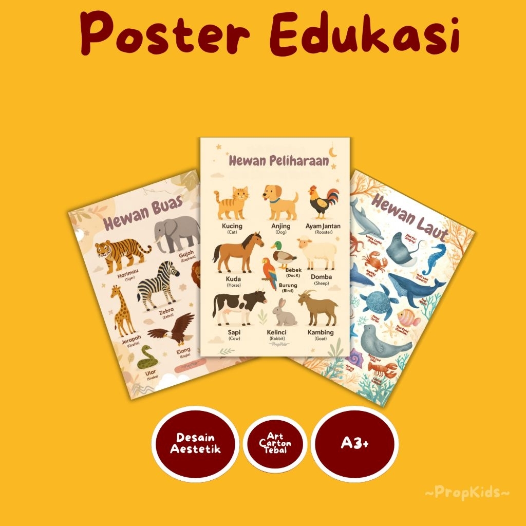 Poster Edukasi Anak PropKids Pendidikan Paud TK SD Tema Hewan Peliharaan, Buas, Laut