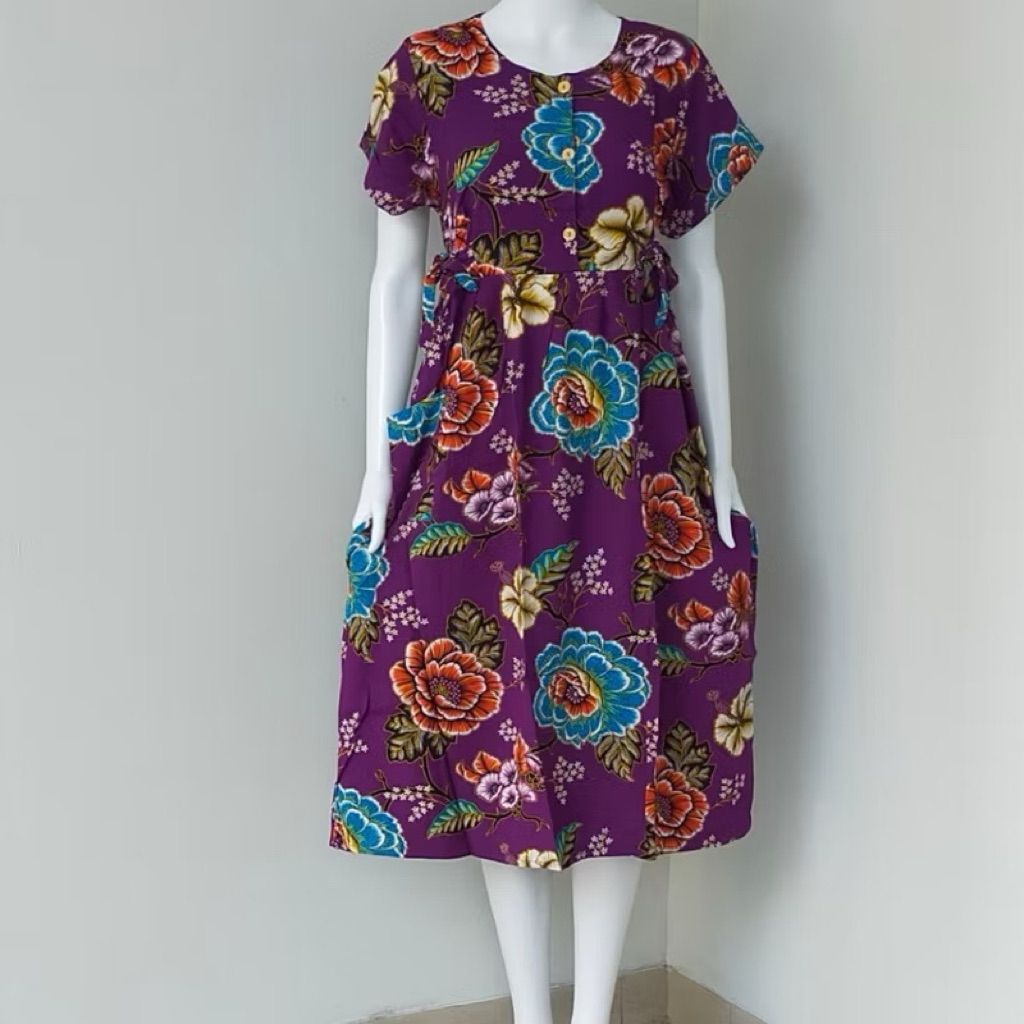 Cod || Kencana Ungu 47 Daster Busui Tali Pinggang Label Biru - Daster Chibi Motif Bunga Terbaru Baju