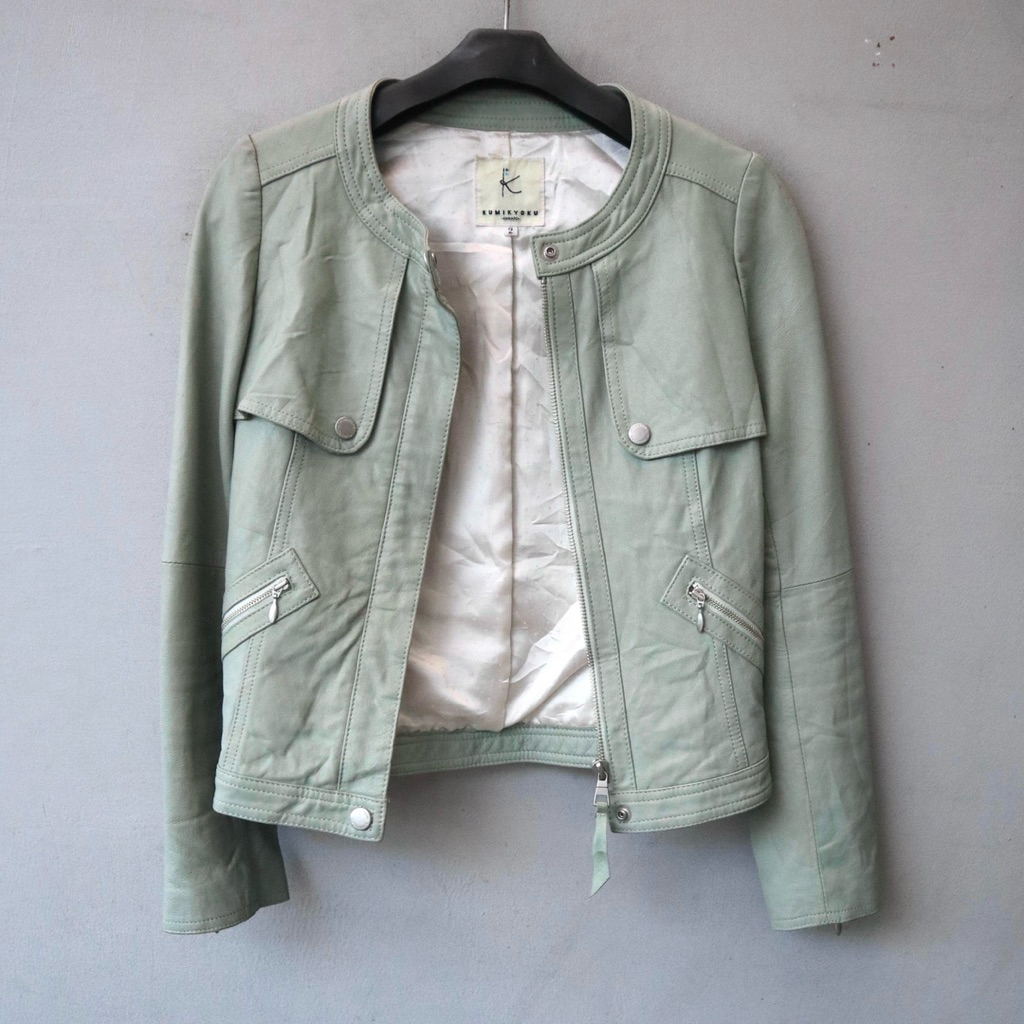 Jaket kulit asli domba warna sage casual cewek jaket motor wanita crop biker cropped genuine leather