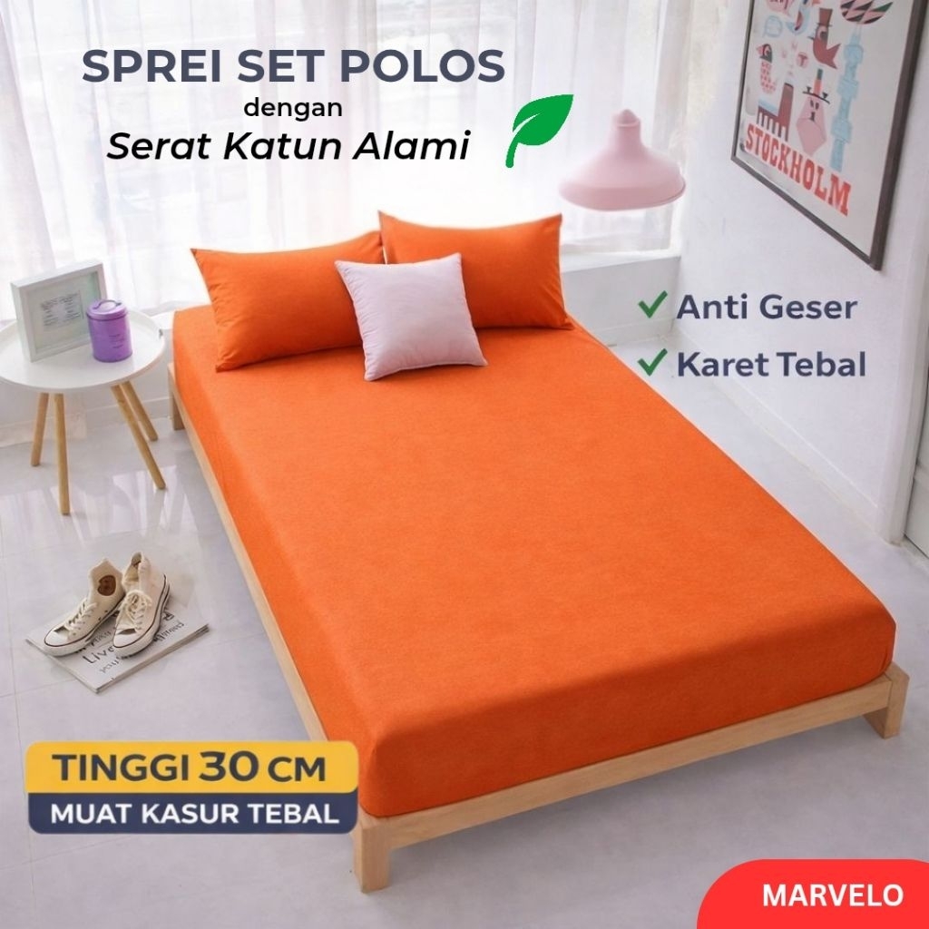 SPREI SET KATUN POLOS ukuran lengkap tinggi bed 30 cm by Marvelo  untuk Bed Single dan Double