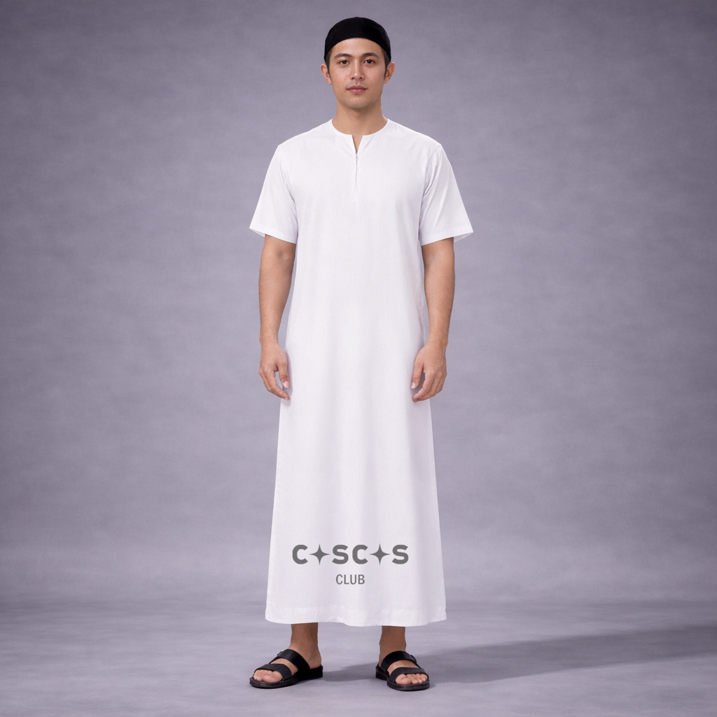 CASCAS V-Neck Gamis Taib Thobe Jubah Slim Fit - Putih
