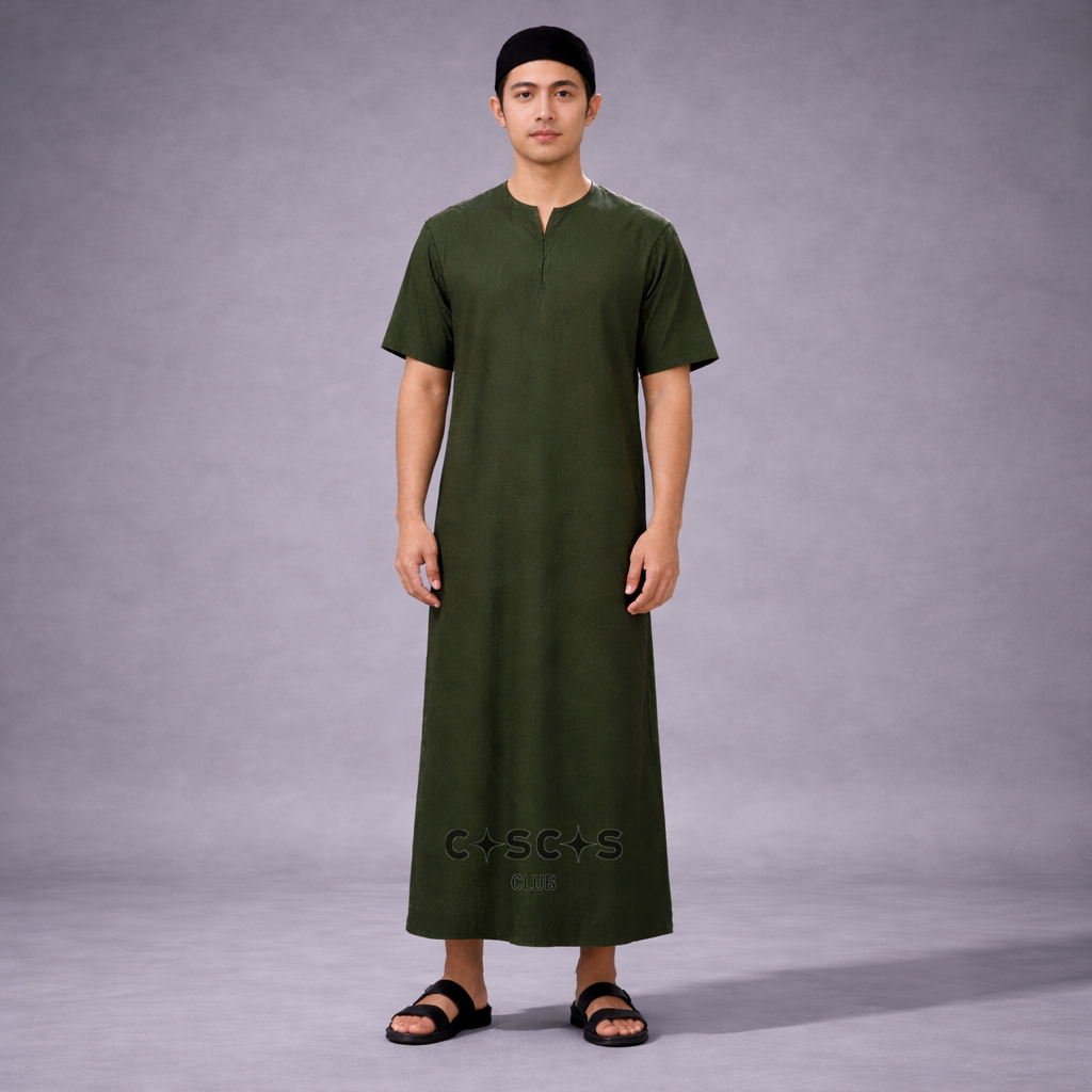 CASCAS V-Neck Gamis Taib Thobe Jubah Slim Fit - Olive