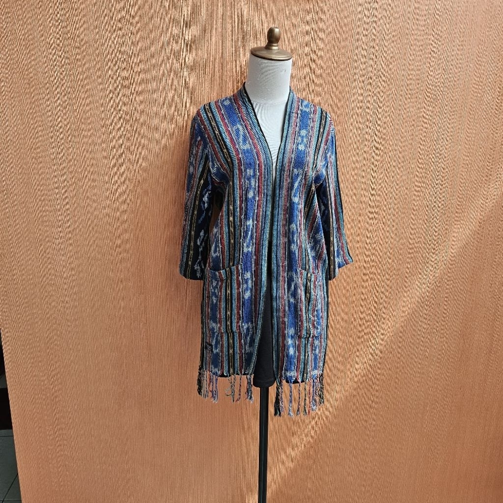 atasan long cardigan cardi hitam biru motif kebaya M cewek L bawah rumbai tebal cute santai outer