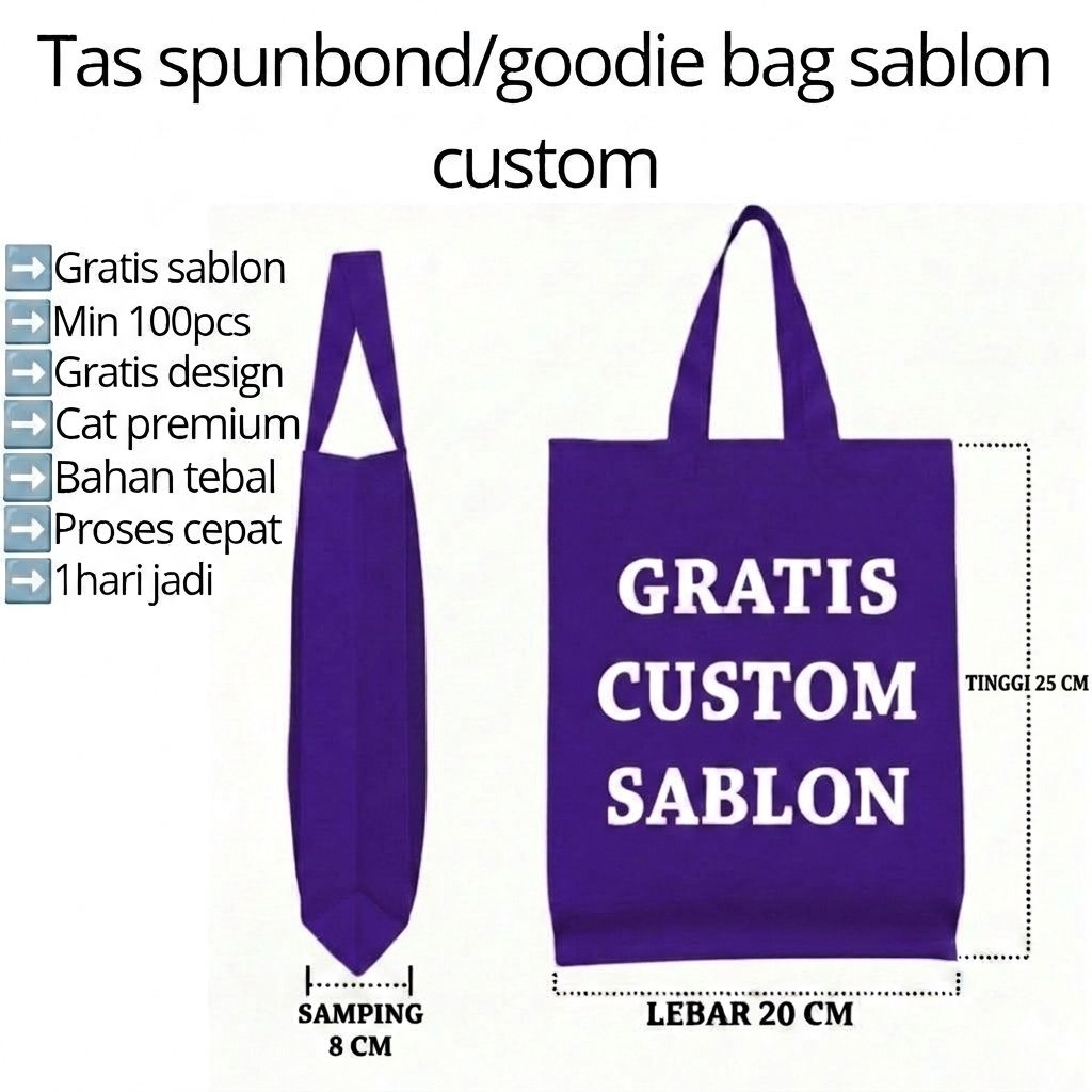tas spunbond goodie bag sablon custom ukuran 20x25x8 gratis custom sablon tas belanja tas kado tas h