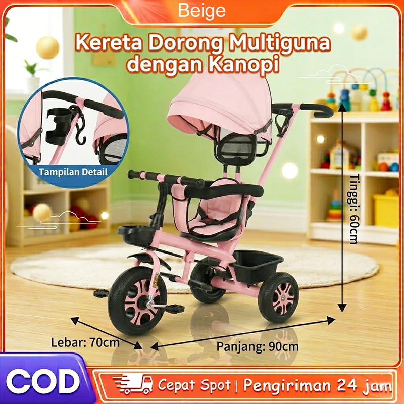Beige Sepeda Roda Tiga Anak Multifungsi 3 in 1 Tricycle Stroller Bayi 1-6 Tahun Kanopi Tongkat Doron