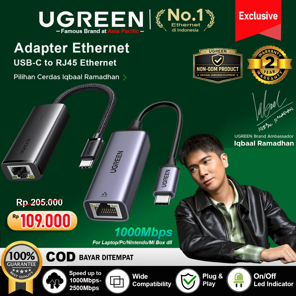 UGREEN USB Type-C to RJ45 Lan Ethernet Adapter Up To 100Mbps 1000Mbps 2500Mbps for Laptop PC Windows