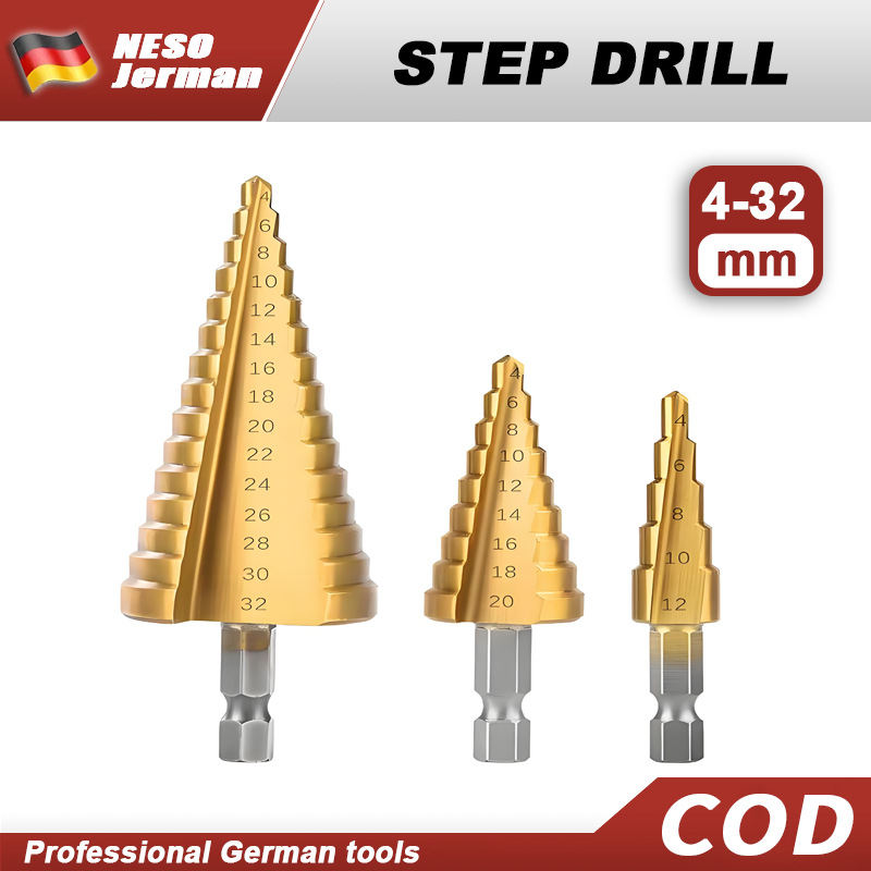 Neso Alat Jerman  Mata Bor Pagoda Step Drill 4 12 20 32mm 3PCS Hole Saw Spiral HSS Steel Titanium Co