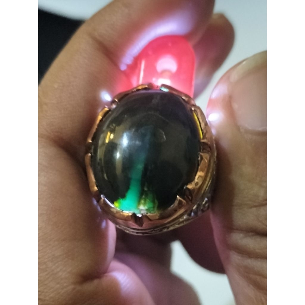 Cincin Batu Bacan Doko Asli - Hitam Tembus Hijau Kristal - Ring Alpaka Kombinasi Mewah