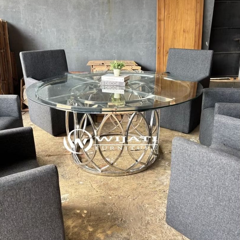 Meja Makan Kaca Stainless Mewah Modern Meja