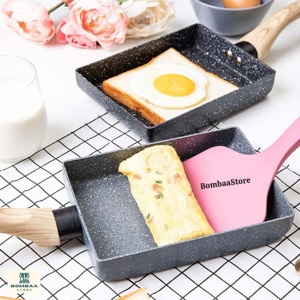 Wajan Penggorengan Telur Tamagoyaki Egg Frying Pan Anti Lengket Keramik Pegangan Kayu