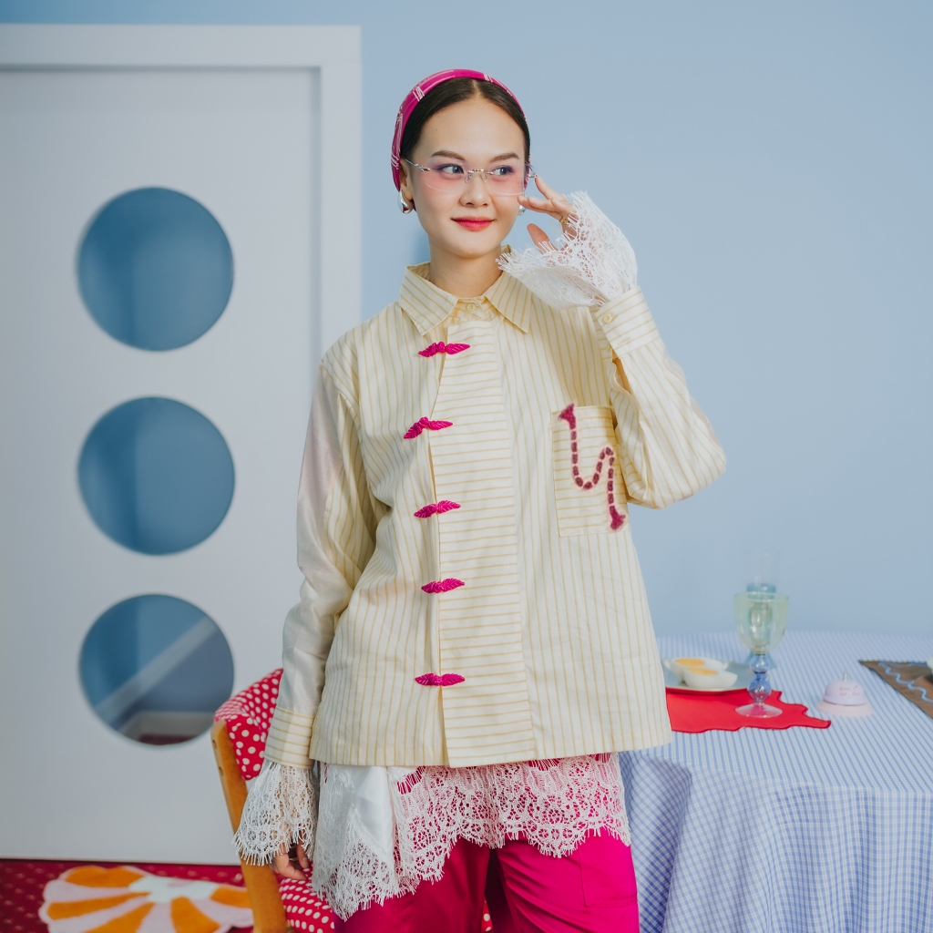 Counique Atasan Kemeja Wanita Lengan Panjang Boxy Oversized Shirt katun salur kuning pink kancing Ch