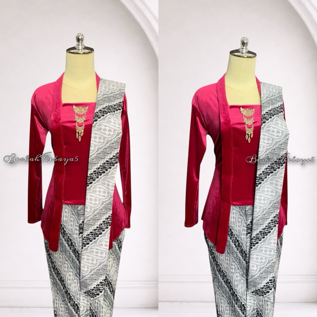 Setelan Kebaya Kutu Baru Warna Pink Fanta / Kebaya + Selendang + Jarik Wiru Plisket Motif Sogan Puti