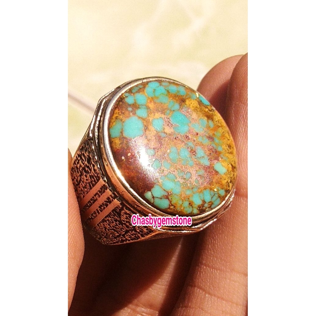 Cincin Pirus Persia serat kura-Batu Pirus Persia serat kura urat emas