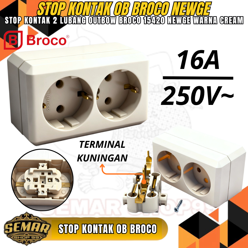 15420 Stop Kontak Broco 2 Lubang Broco New Gee OB Outbow Ditempel Cream - 15420 / Stop Kontak Tempel