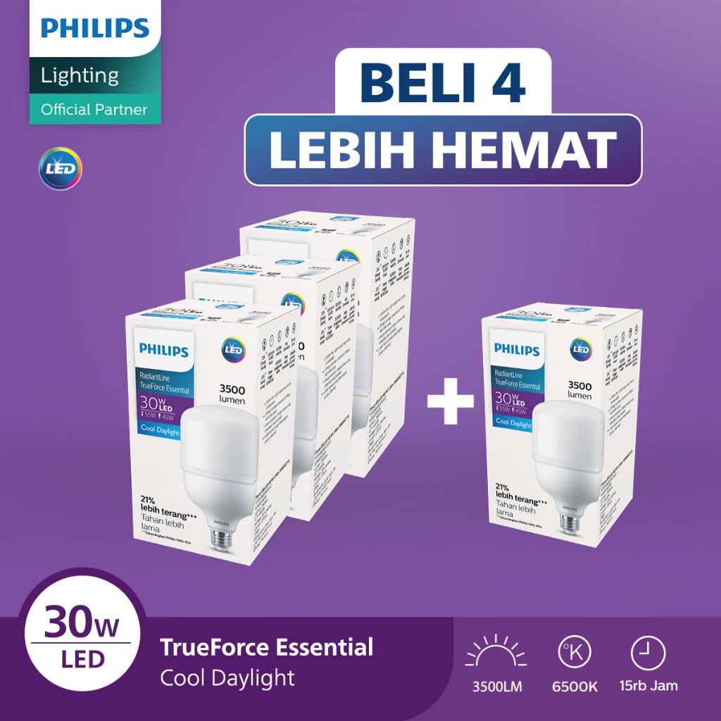 Philips Paket Beli 4 Lebih Hemat Lampu Bohlam Radiantline TrueForce Essential 30W Putih