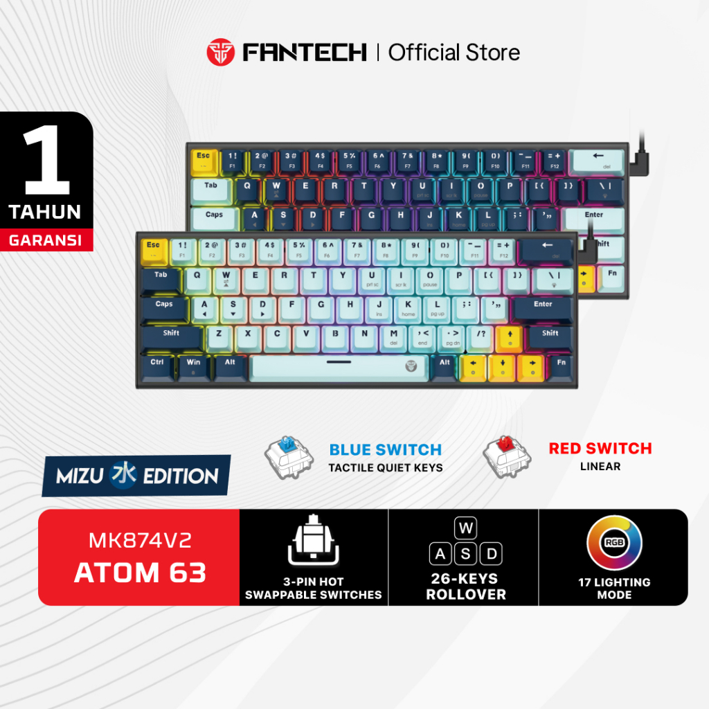 Fantech ATOM MIZU SERIES Keyboard Mechanical Gaming ATOM 63 81 96 Hotswappable 3 Pin