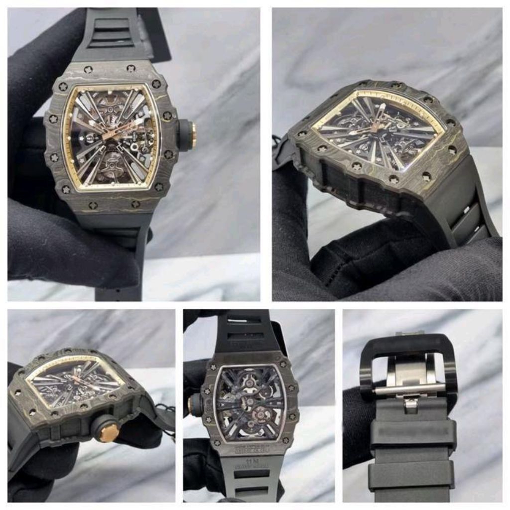 TERBARU JAM TANGAN RM12-01 BLACK CARBON CASE TOURBILON 43MM BLACK RUBBER STRAP TRANSPARANT BLACK CAS