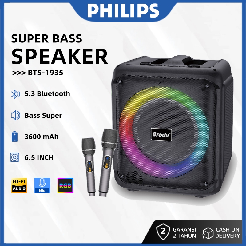 BRODU BTS-1935 Party Speaker 6.5 inch Speaker Bluetooth Karaoke  PRO Super Bass USB/TF Mic Wireless