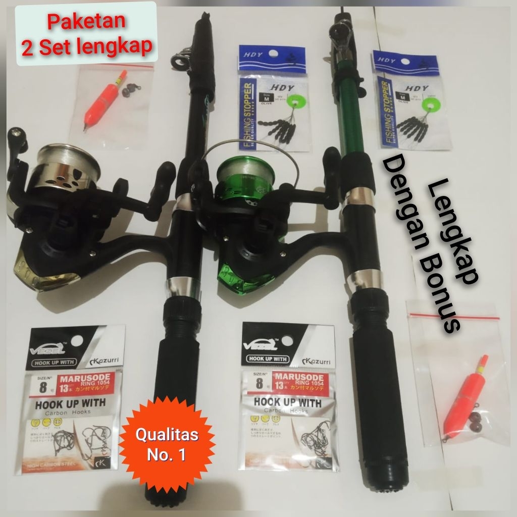 Pancingan 2 Set, 2 Reel SHAKIRA200 6Ball Bearing, Joran Antena bahan karbon Panjang 150cm, kekuatan 