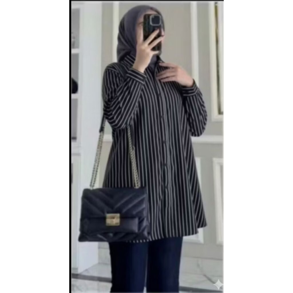 Tunik Muslim Lengan Panjang Motif Salur Bahan Katun
