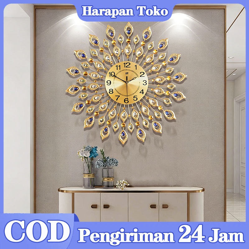 Jam Dinding Vintage Berbentuk Merak Berwarna Emas Dengan Hiasan Kristal Ukuran Besar 67cmx67cm
