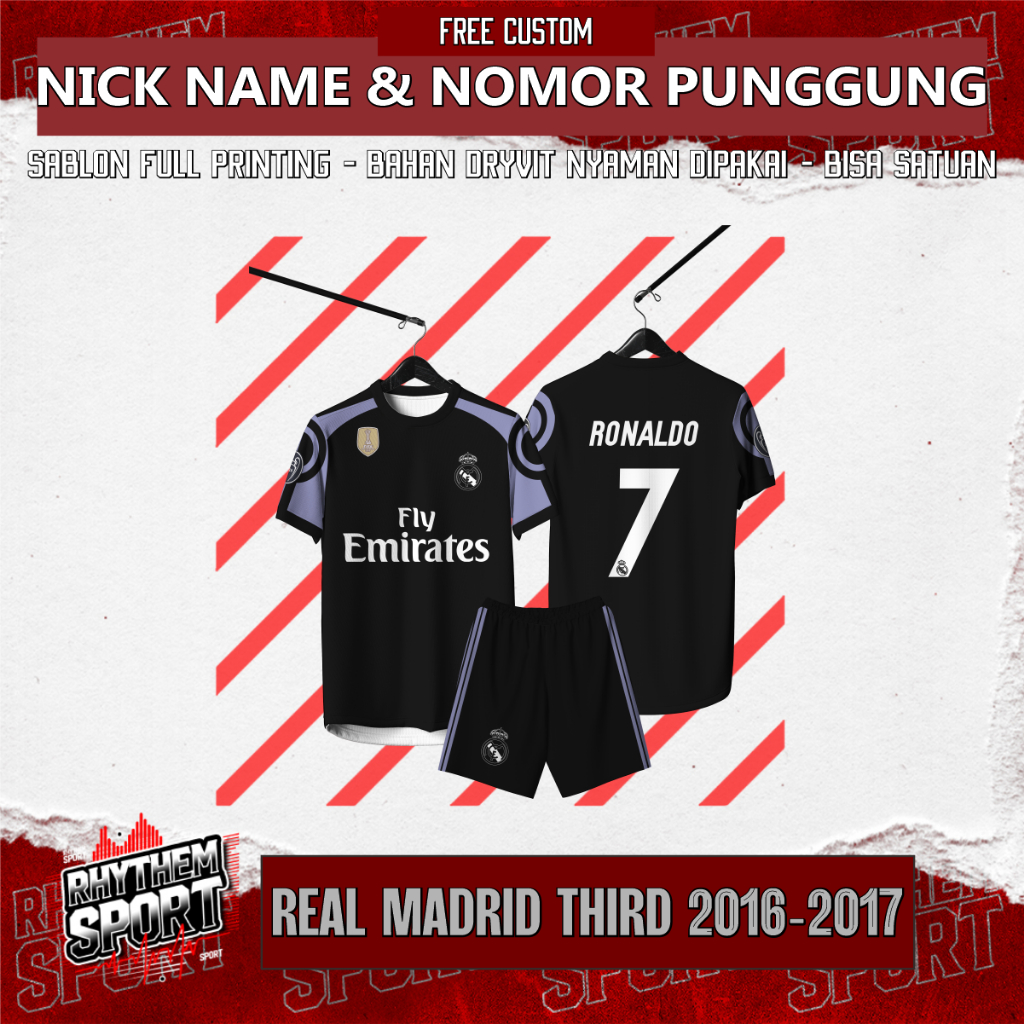 Jersey Bola REAL MADRID THIRD 2016-2017 PENDEK Free custom nama dan no punggung Full printing