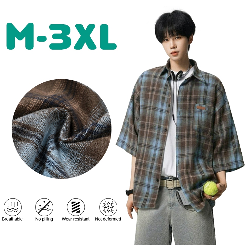 LW-Kemeja flannel pria Kemeja flannel pria lengan pendek Flanel oversize pria Kemeja lengan pendek p