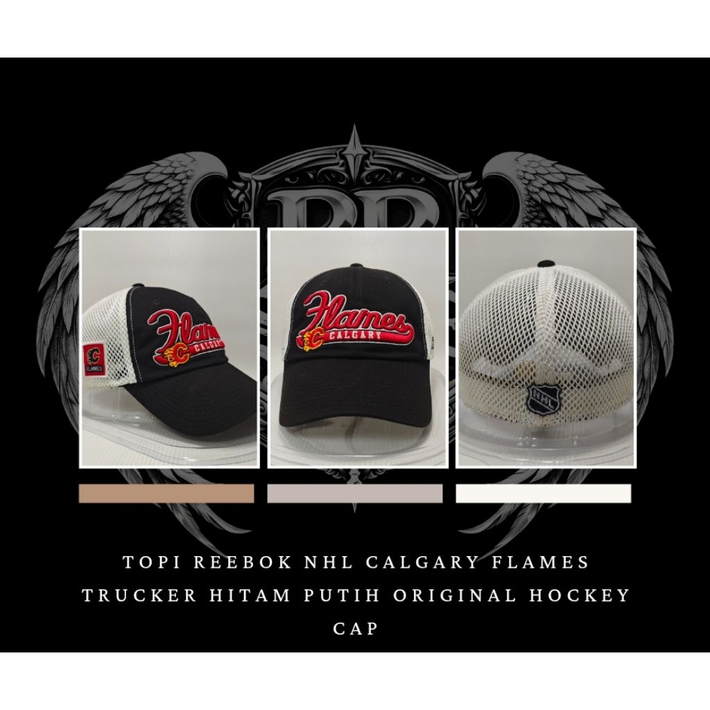 Topi Reebok NHL Calgary Flames Trucker Hitam Putih Original Hockey Cap