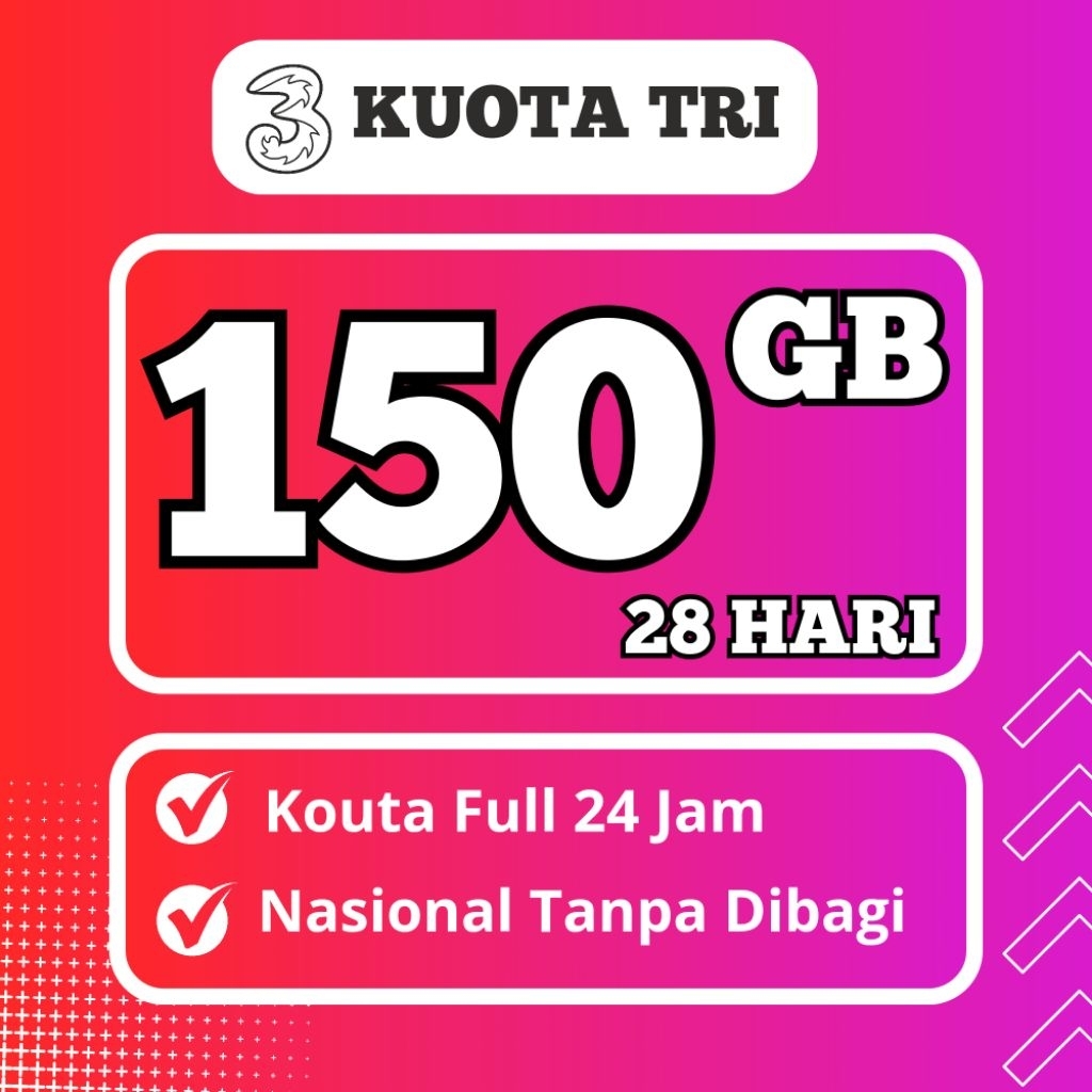 Paket Kouta TRI 150 GB Full 24 Jam Tanpa Dibagi-bagi 28 Hari