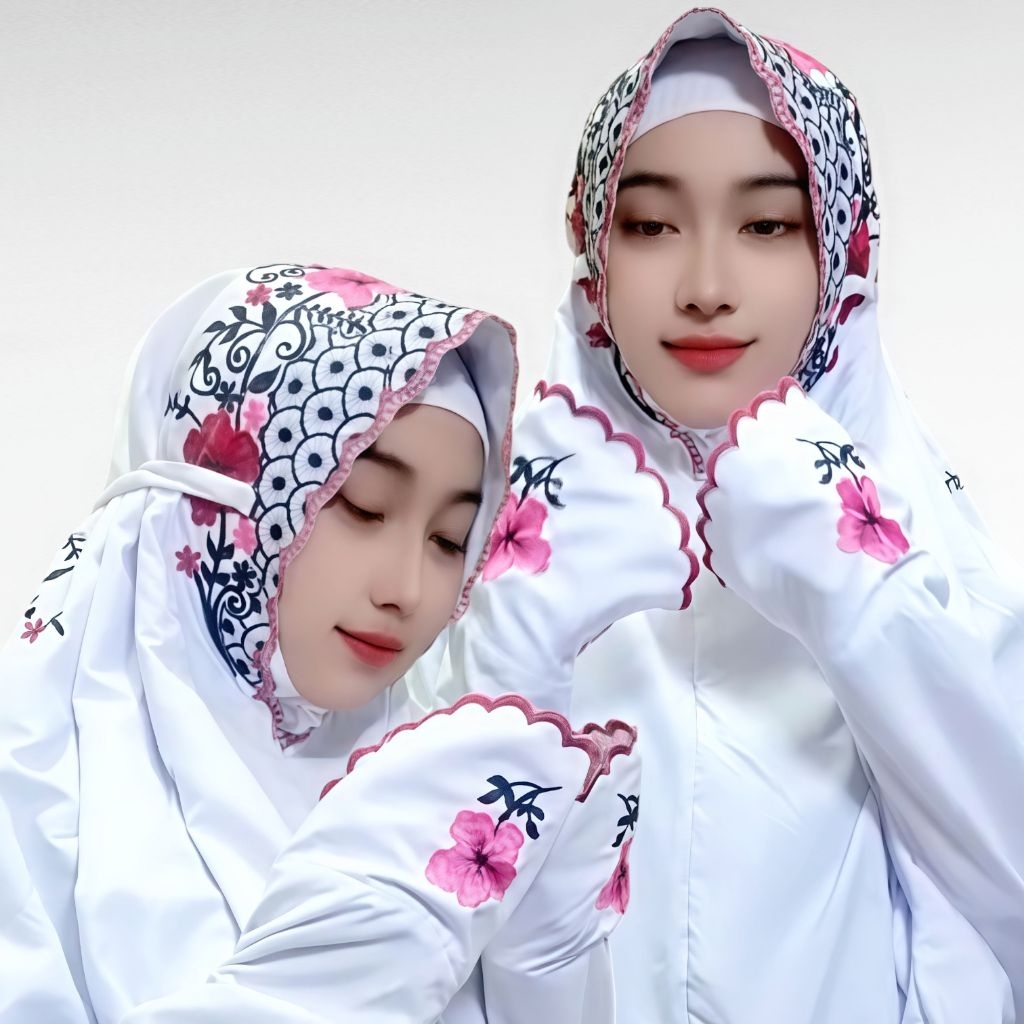 Mukena Terusan Bordir Bunga Sepatu | Katun Mikro Premium | Elegan & Mewah untuk Ibadah