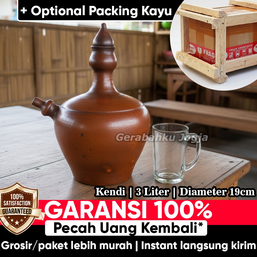 3 Liter | Kendi Tanah Liat Air Minum Teko Gerabah Tradisional - Labu Tanah Gogok Glogok Kandi Kundi 
