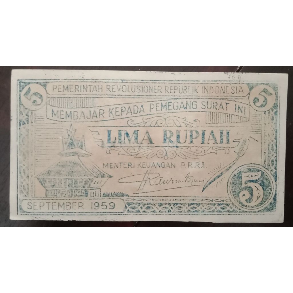 UANGKUNO 5 RUPIAH PRRI THN 1959