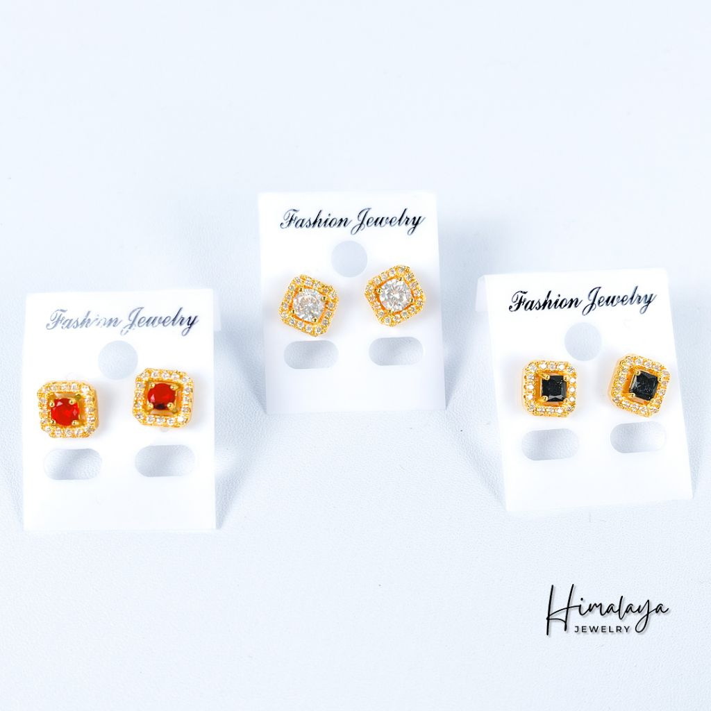 Anting Stud Tusuk Sumpel Motif Persegi Batu Permata Zirconia Bahan﻿ Tembaga Lapis Emas Hongkong Hima
