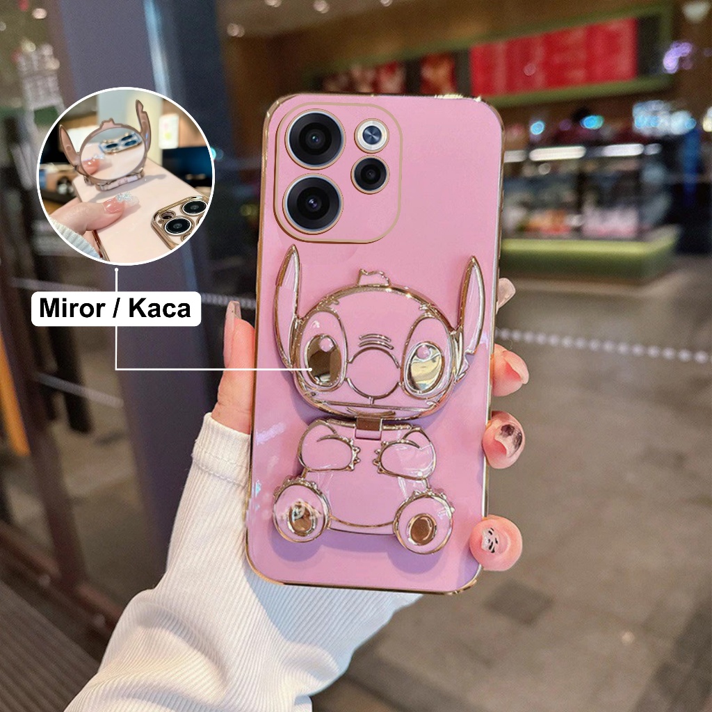Soft Case Oppo Reno 15F / Reno 15 5G Plating Dudukan Miror Cute Stich Premium