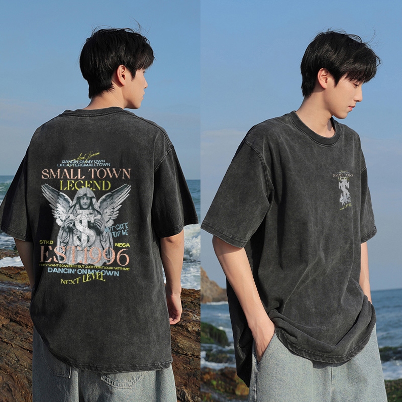 PUERTO Kaos Distro Pria Washed Tshirt Vintage Oversize Patung Malaikat Bersayap Baju Cowok Keren Kec