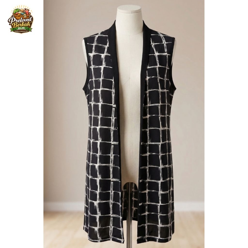 Outer Vest Long Cardigan Motif Kotak Hitam Putih
