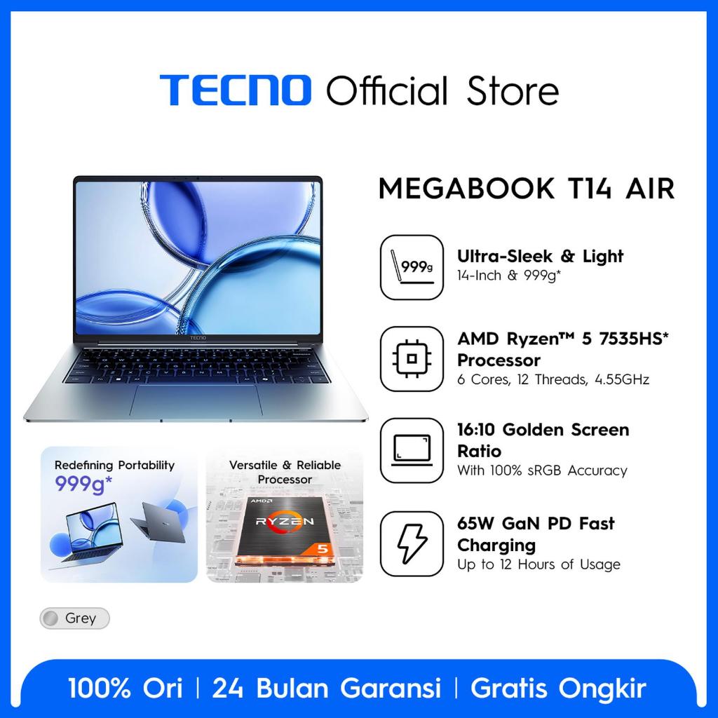 TECNO MEGABOOK T14 AIR AMD RYZEN 5 7535HS - RAM 16GB 512GB WINDOWS 11 14.0WUXGA 100SRGB