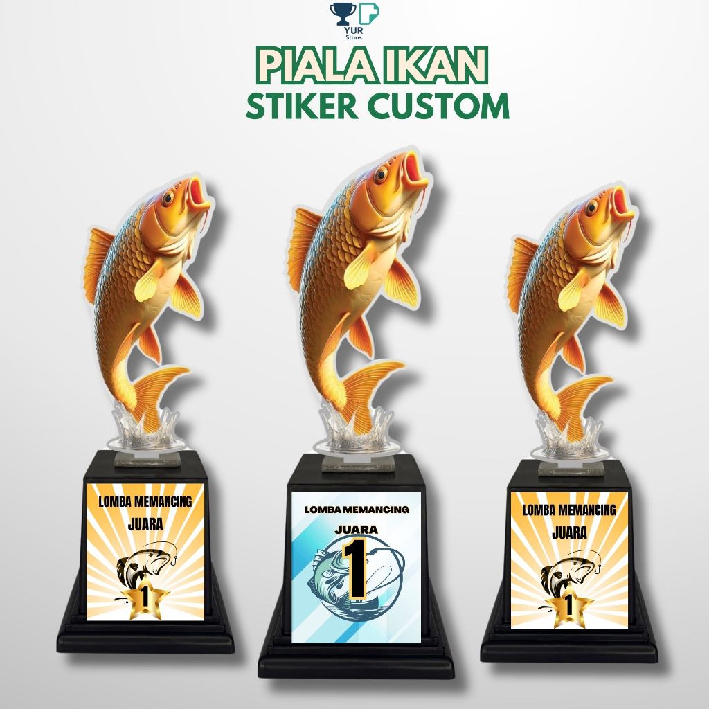 Piala Mancing Akrilik Motif Ikan Mas Sticker Custom Hadiah Lomba Mancing omba Ikan hias
