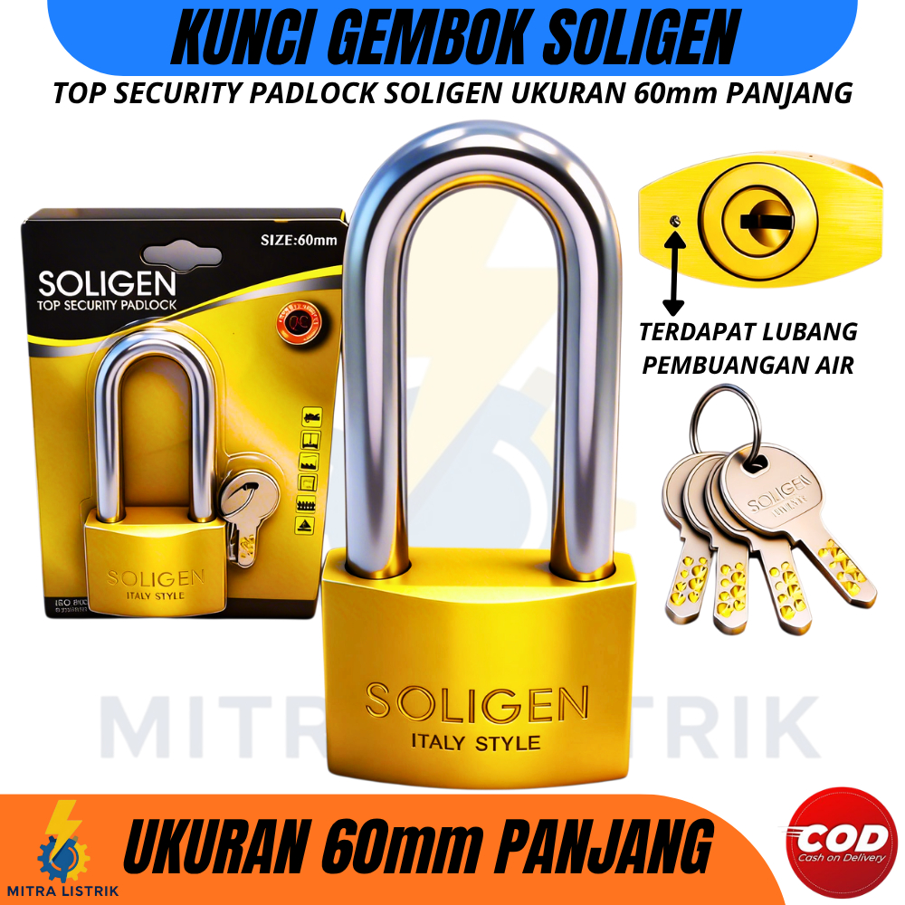 SOLIGEN Kunci Gembok 60mm PANJANG Kuningan / Kunci Gembok Pintu Rumah 60mm Leher Panjang Original So