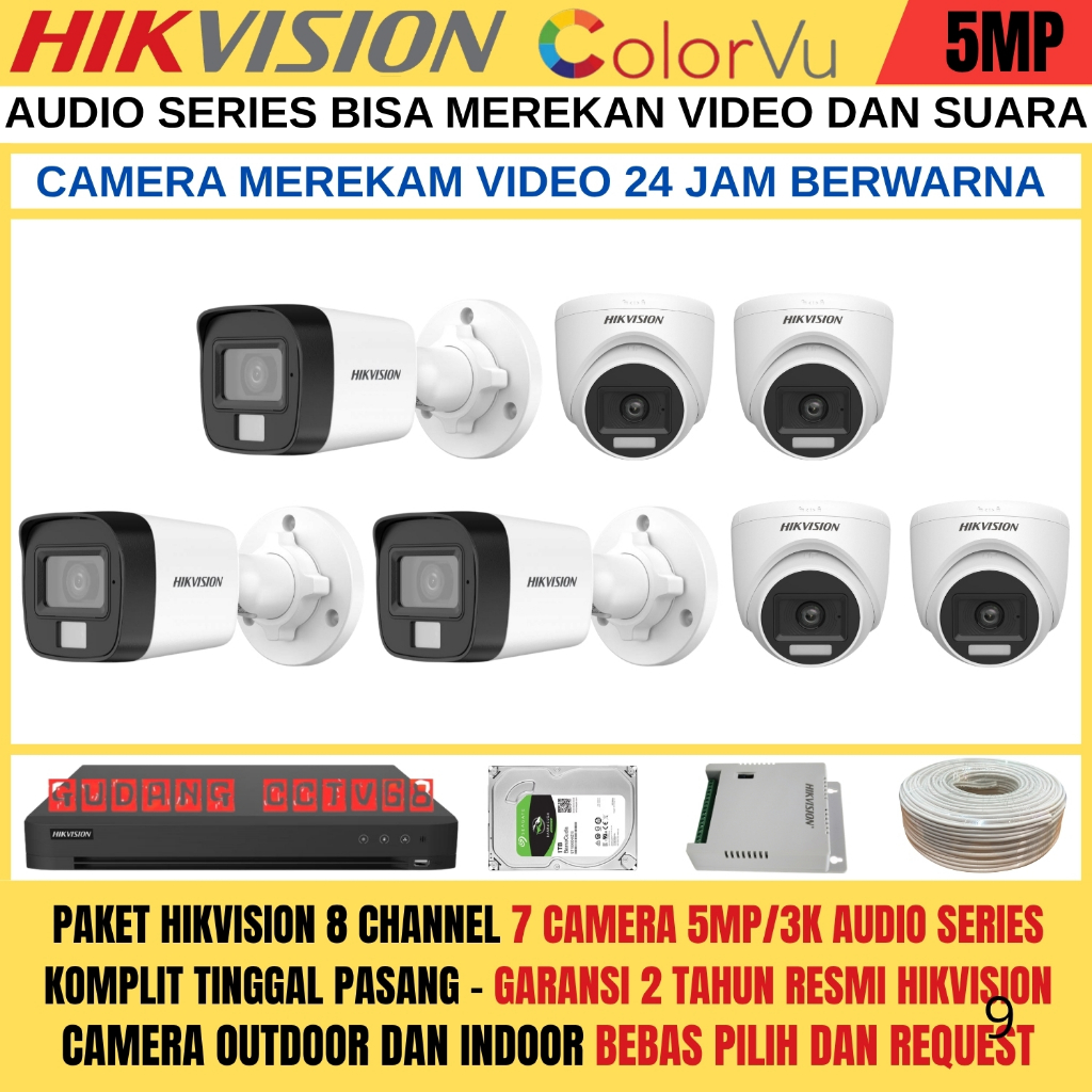 Paket CCTV HIKVISION 8 Channel 7 Camera HIKVISION 5MP Colorvu 3K Full Colour AUDIO SERIES Komplit